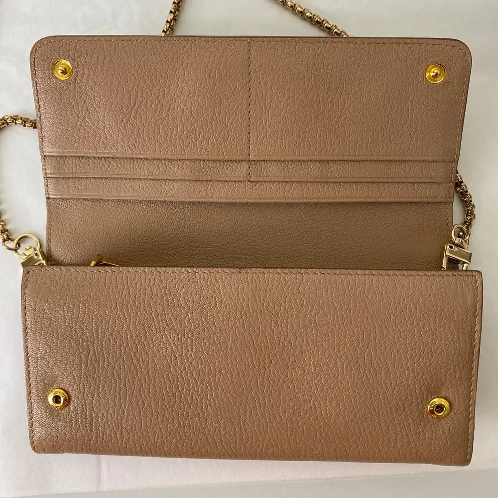 Authentic Miu Miu Beige Leather Wallet on Chain Gold Logo Crossbody - Picture 3 of 16
